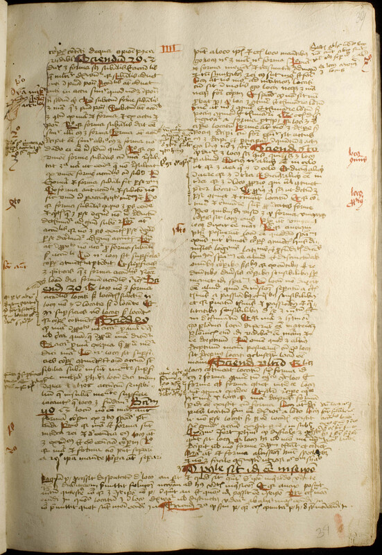 Image of text in Latin in two columns with marginalia. 