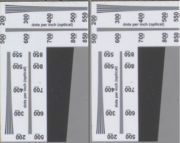 Two photographs zoomed into the center of an item level target where the optical resolution converging lines arranged vertically and horizontally that show dots per inch resolving power of an image illustrate that lines are distinctly visible past 600 on the left and only just past 500 on the right -- the gray slant lines to the bottom right on both have a left/top that's a darker gray portion of a vertical rectangle, and a lighter gray portion for the right/bottom portion.