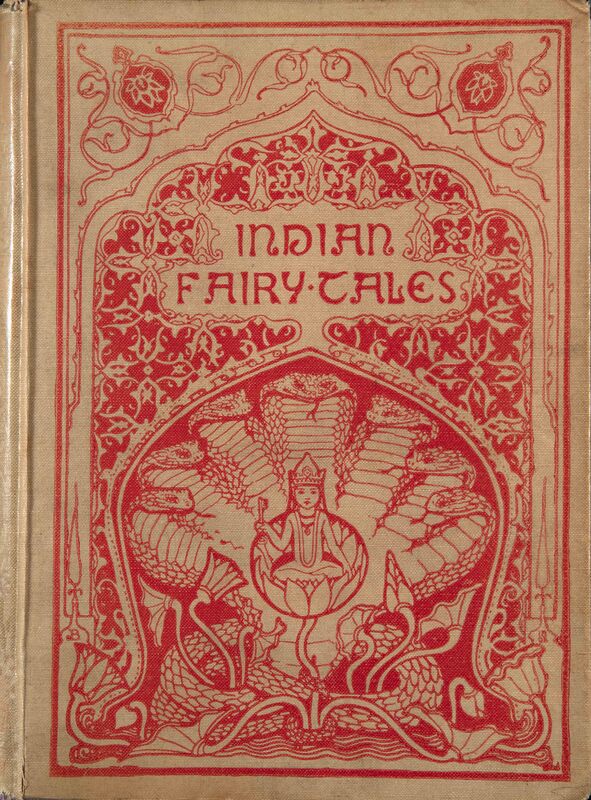 Cover of Indian Fairy Tales. Title and illustration in red. Below title, image of buddha holding a key, surrounded by a seven-headed hooded snake.