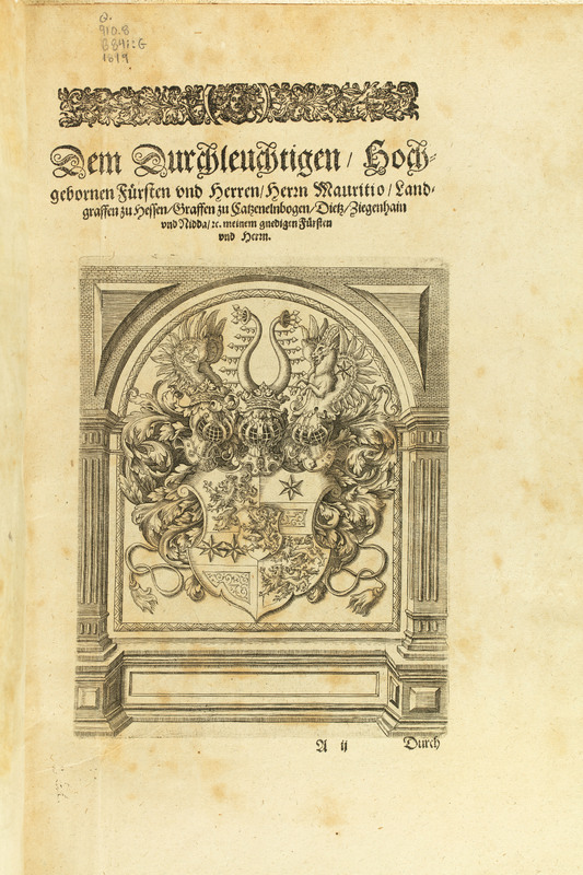  A frontispiece with a shield and vines surrounding it