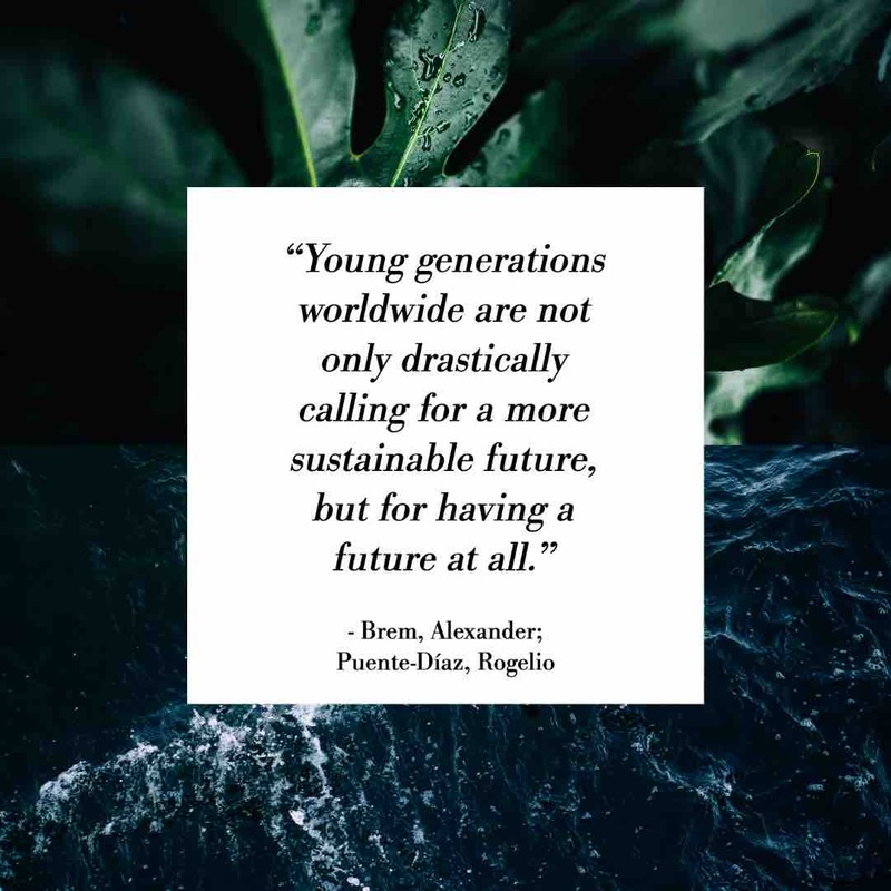 A graphic with leaves and a quote that says "Young generations worldwide are not only drastically calling for a more sustainable future, but for having a future at all." —Berm, Alexander; Puente—Díaz, Rogelio