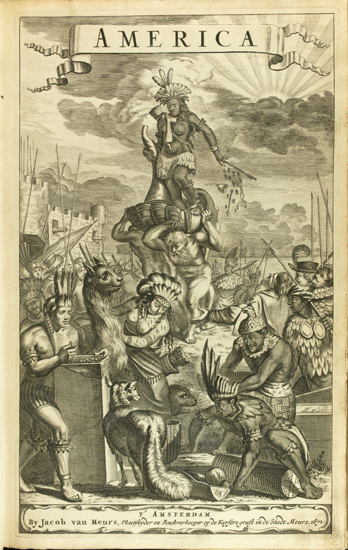 This is a frontispiece portrait depicting indigenous and Dutch colonists at a trading port in South America