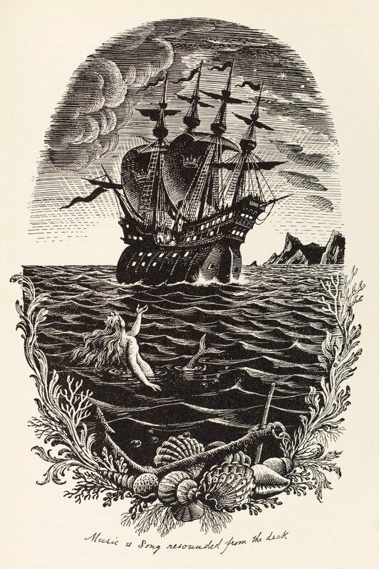 The little mermaid looks longingly toward the prince's ship. The bottom of the oval illustration is framed by seashells with an anchor in the middle.