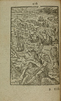 Engraving of a map written in Latin with sailing ships, people performing tasks, and a man stabbing a cyclops in the eye.