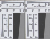 Two photographs zoomed into the center of an item level target where the optical resolution converging lines arranged vertically and horizontally that show dots per inch resolving power of an image illustrate that lines are distinctly visible past 600 on the left and only just past 500 on the right -- the gray slant lines to the bottom right on both have a left/top that's a darker gray portion of a vertical rectangle, and a lighter gray portion for the right/bottom portion.