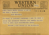 Telegram yellowed with age. The lettering is stamped onto the paper in blocky text.