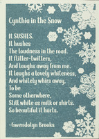 The poem is lettered in white against a light blue background with snowflakes on the right side of the paper.