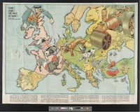 Colorful World War I map of Europe from 1914 depicting countries as dogs. An item level target is visible in the bottom of this screenshot.
