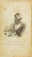 Page of the book with an engraving of Phillis Wheatley writing with a quill pen at a table. 