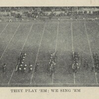 Marching Illini in formation spelling I-L-L-I-N-I with the caption "they play 'em ; we sing 'em"