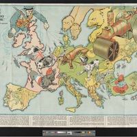 Colorful World War I map of Europe from 1914 depicting countries as dogs. An item level target is visible in the bottom of this screenshot.