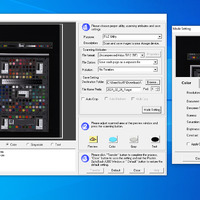 Screenshot of a Windows Operating System and Book Pavilion scanning software for a Plustek Opticbook A300 scanner where the previous scan of the FADGI device level target is visible in an open window to the left, which has many circles of colors and values and is around the physical size 8 x 11in, and appears very dark. The settings for the new scan are visible in the window to the right, with adjustments turned off where possible, and a preview of the new scan shows a much more accurate view of the target.