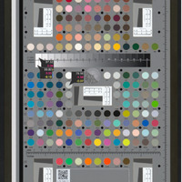 A gray rectangle with gray slant lines and optical resolution converging lines in the center and corners, black circles around edges and evenly spaced throughout, and many circles of colors, blues and greens near the center, skintones near the top, vibrant shades of orange and purple of varying shades near the bottom half. Lab color readouts are visible on the white patches, reading 248 on the square and 255 in all channels on the left of the gradient bar in the upper third of the rectangle and averaging 196 on patch E8.